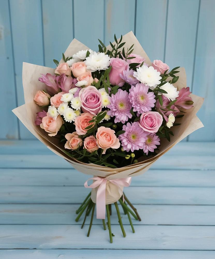 Букет цветов из: Хризантемы, Розы и Альстромерии в Зарубино Новгородская область