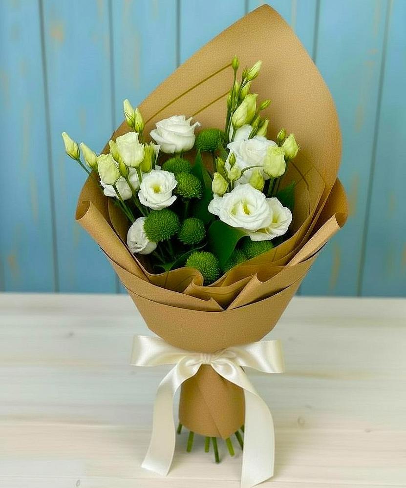 Букет цветов из: Хризантемы и Лизиантусы в Зарубино Новгородская область