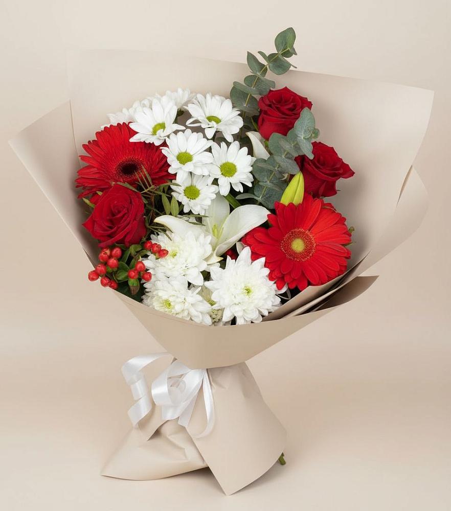 Букет цветов из: Розы, Хризантемы, Герберы и Лилии в Зарубино Новгородская область