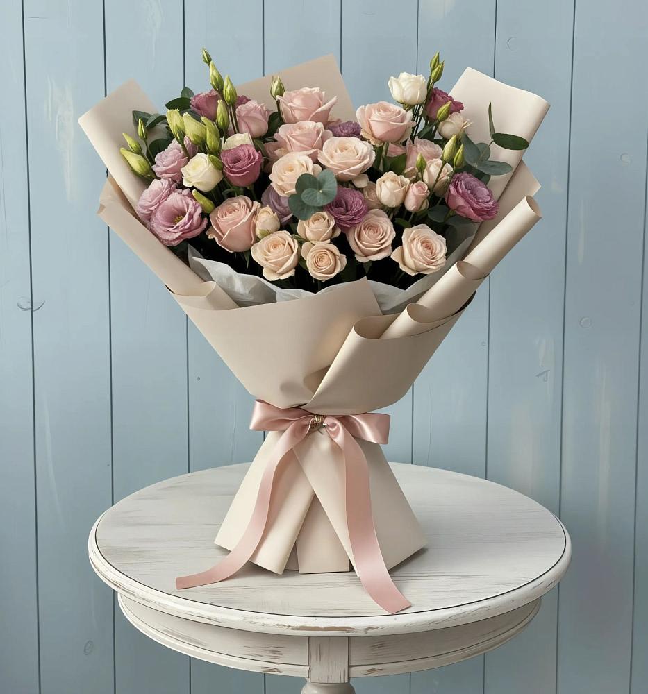 Букет цветов из: Розы и Лизиантусы в Зарубино Новгородская область