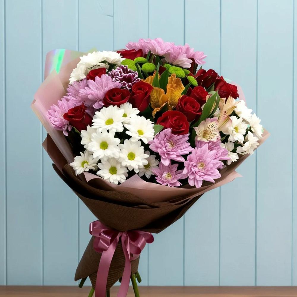 Букет цветов из: Розы, Хризантемы и Альстромерии в Зарубино Новгородская область