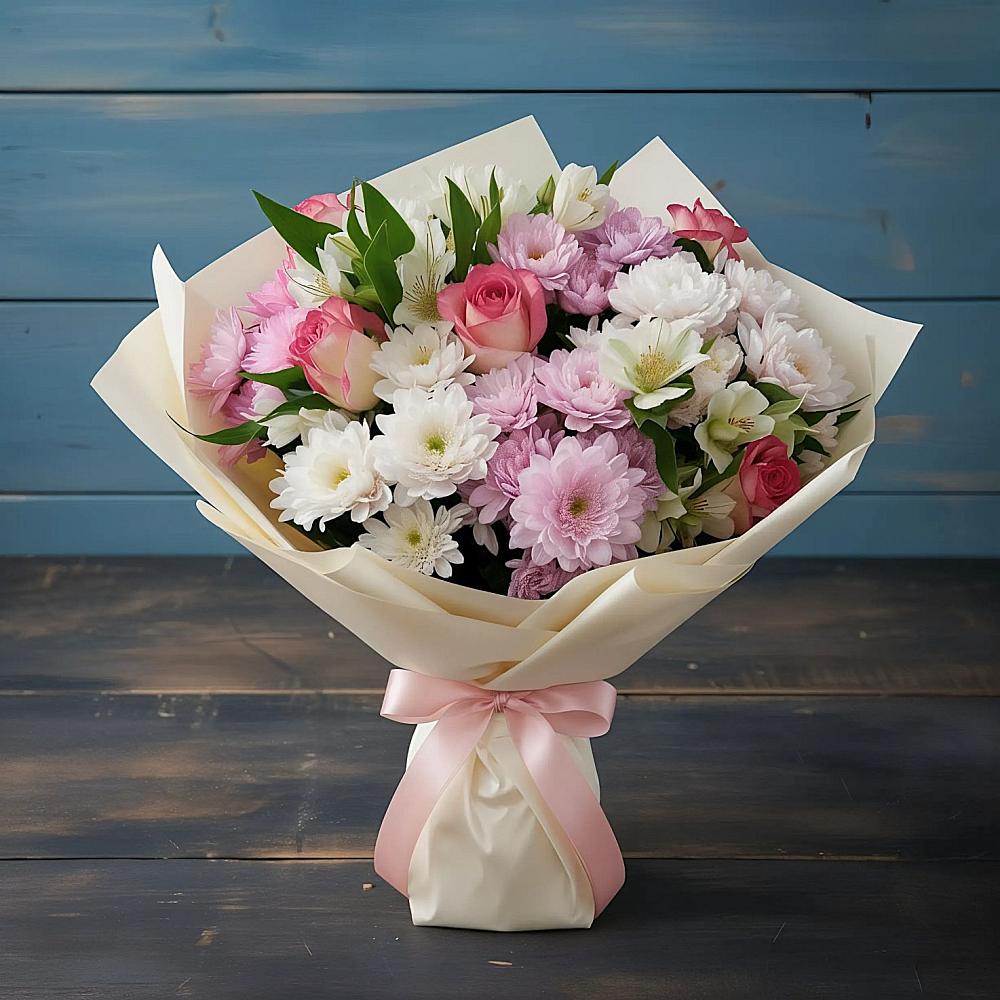 Букет цветов из: Хризантемы, Альстромерии и Розы в Зарубино Новгородская область